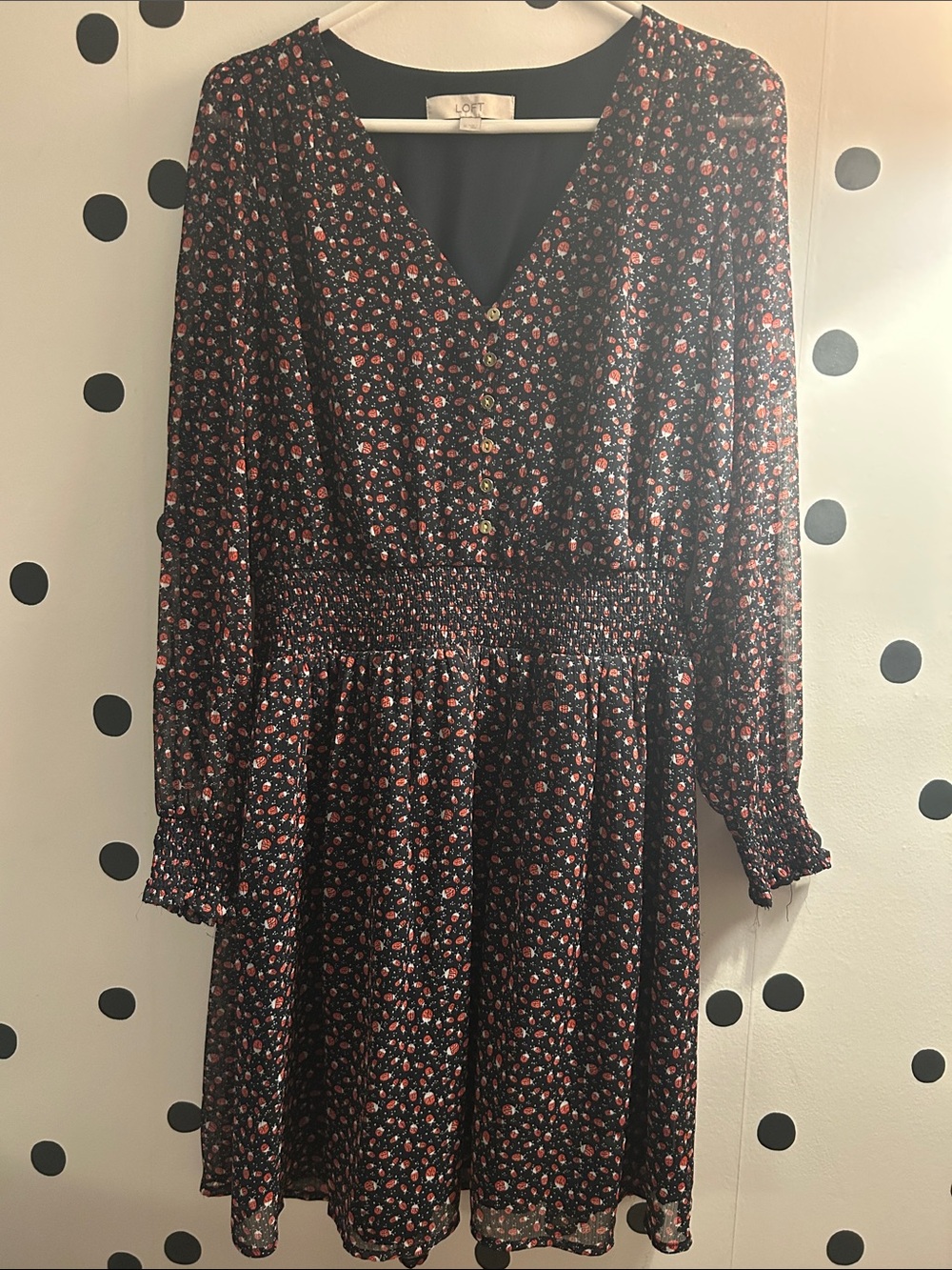 LOFT Black Long-Sleeve V-Neck 🐞 ladybug smocked Dress
